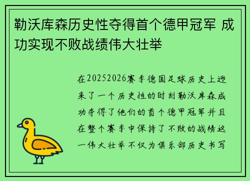 勒沃库森历史性夺得首个德甲冠军 成功实现不败战绩伟大壮举 勒沃库森历史性夺得首个德甲冠军 成功实现不败战绩伟大壮举